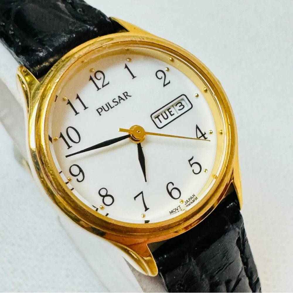 Seiko Pulsar 24mm Women's Day/Date Watch Gold Black Croco Leather VX83-X002 - Picture 2 of 14